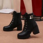 Hot Sale Women Boots Lace Up Flat Biker Wine Red Boots Shoes Buckle Woman Botas Women Boots 2021 New - Image 2