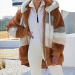 2024 Autumn Winter Warm Plush Patchwork Zipper Pocket Hooded Loose Coat Women - Image 2