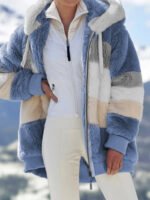2024 Autumn Winter Warm Plush Patchwork Zipper Pocket Hooded Loose Coat Women - Image 5