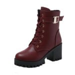 Hot Sale Women Boots Lace Up Flat Biker Wine Red Boots Shoes Buckle Woman Botas Women Boots 2021 New - Image 5