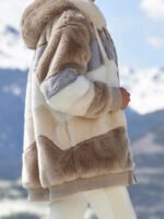 2024 Autumn Winter Warm Plush Patchwork Zipper Pocket Hooded Loose Coat Women - Image 6