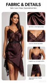 Women Dark Brown Satin Lace Slip Dress Spaghetti Strap V-Neck Asymmetrical Hem Elegant Party Cocktail Evening Dresses - Image 6