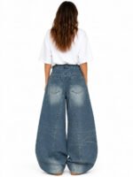 Women's Asymmetric Button Front Baggy Jeans, High Waist Vintage Washed Wide Leg Denim Pants Y2K Streetwear Loose Barrel Jeans for Daily Wear - Image 2