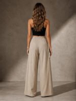 Women Wrap Front Linen Wide Leg Pants, High Waist Elastic Back Waist Culottes with Pockets, Casual Loose Fit Trousers for Summer Beach Daily Streetwear - Image 2