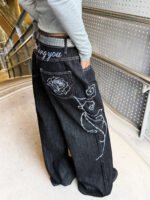 American Retro Heavy-Duty Letter Flower Embroidery Women's Loose Wide-Leg Jeans Street Fashion Fashion Versatile Black Trousers - Image 6