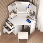 LED Vanity Desk With 3-Light Modes & Built-in Charging Station - Makeup Table With Open Storage Shelves, Drawers & Matching Stool - Image 3