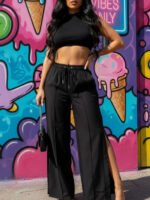 2-Piece Black High Neck Midriff Tank Smocked Waist Side Slit Wide Leg Pants Spice Girl Style Women Summer Date Wear