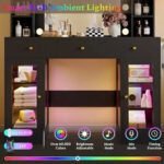 Makeup Vanity Desk with Mirror and Lights, Black Vanity with Glass Top, LED Lights & Power Outlet, 3 Drawers & 2 RGB - Image 3