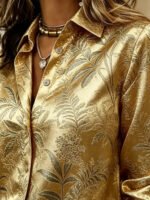 Lady's Golden Shirt with Brocade Leaf Pattern Buttons, Long-Sleeved, Stand-Up Collar Top. Elegant Style, Suitable for Office Parties. - Image 5