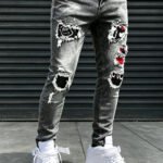 Men's jeans, street hip-hop style graffiti, ripped jeans, distressed washed, slimming, slimming, multifunctional casual versatile slim pants
