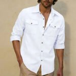 2026 New Men's Long Sleeve Casual Shirt Double Chest Pocket Button Up Soft Loose Linen Comfy Daily Work Street Outdoor Wear Tops