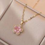 Bridal Pink Zircon Cherry Flower Stud Earrings and Pendants Stainless Steel Chains Necklaces For Women Luxury Jewelry Sets Gift - Image 5