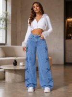 Y2K Bow Embroidery Wide Leg Jeans for Women, High Rise Vintage Light Wash Baggy Denim Trousers Trendy Casual Streetwear Daily Pants - Image 5