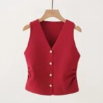 Womens Gold Button Front Vest V-Neck Ruched Waist Sleeveless Knit Jacket Casual Chic Spring Summer 2025 Trendy Outfit - Image 6