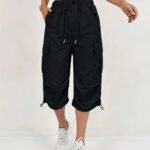 Women's Quick-Dry Cargo Capri Pants with Elastic Waist & Drawstring - Lightweight Stretch Suitable for - Outdoor Pants, Multi- Trousers, Machine Washable Loose-Fit Mid-Length for, Travel, Casual Attire