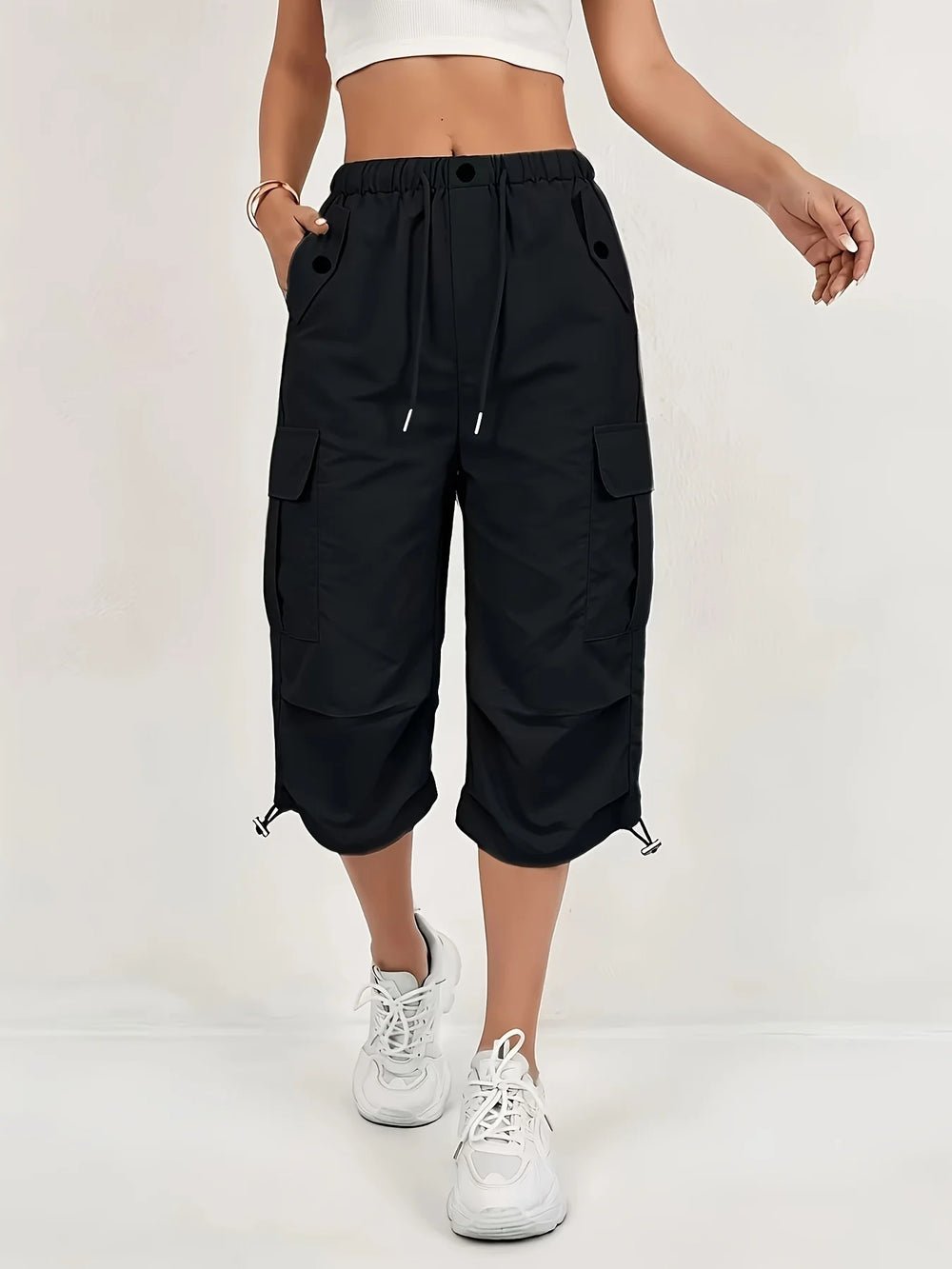 S07c9424a0ed345fda0f7e9dd3bae6c0ed.jpg Women's Quick-Dry Cargo Capri Pants with Elastic Waist & Drawstring - Lightweight Stretch Suitable for - Outdoor Pants, Multi- Trousers, Machine Washable Loose-Fit Mid-Length for, Travel, Casual Attire - Image 1