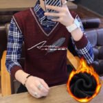 Autumn Winter Plaid Sweaters Polo Collar Pullover Slim Fit Man Clothes Plush Warm Jumpers Thick Fake 2 Piece Polo Shirts - Image 5