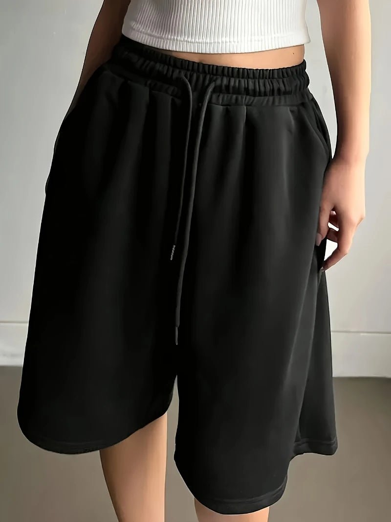 S09ff6798094445dc9903c6bfb3a524c5E_198bed43-ecd9-4643-8faf-8470b0d76dc9.jpg Plus Size - Plus Size - Plus Size Women'S Casual Solid Color, Machine Washable Fabric with Drawstring Pocket Shorts - Image 1