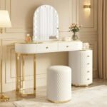 Luxury Makeup Vanity Desk with 3-Color LED Mirror and Stool, Adjustable Length Vanity Table with Movable Side Cabinet - Image 4
