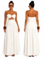 Women Strapless Twist Cutout Maxi Dress Ruched Waist Flowy A Line Long Tube Top Dress Summer Beach Vacation Casual Sundress - Image 3