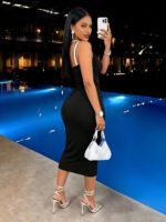 Women Sparkly Strap One Shoulder Midi Bodycon Dress Sleeveless Ruched Evening Party Dress Black Club Night Out Dresses - Image 4