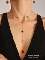 Colorful Long Square Pendant Stainless Steel Necklace for Women Luxury Czech Glass Gold Plated Waterproof Charm Jewelry