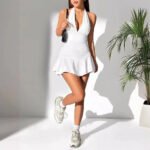 Women's Halter Deep V Neck Mini Dress, Ruched Waist Flared Ruffle Hem Bodycon Dress, Sexy Sleeveless Slim Fit Party Club Short Dress - Image 3