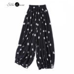 Modern Large Polka Dot 100% Natural Mulberry Silk Crepe De Chine Elastic Waist Women's Fashionable Cropped Lantern Pants