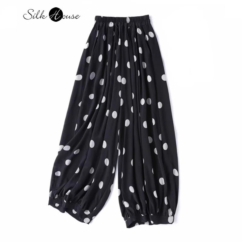 S0eade2de78104ef7aca93dc2239a8b2bJ.jpg Modern Large Polka Dot 100% Natural Mulberry Silk Crepe De Chine Elastic Waist Women's Fashionable Cropped Lantern Pants - Image 1