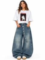 Women's Asymmetric Button Front Baggy Jeans, High Waist Vintage Washed Wide Leg Denim Pants Y2K Streetwear Loose Barrel Jeans for Daily Wear