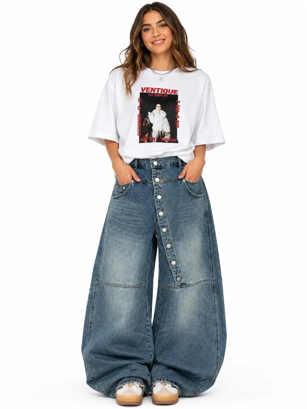 S0f033e26b0cc4efe8f4c95c4d3197556w.jpg Women's Asymmetric Button Front Baggy Jeans, High Waist Vintage Washed Wide Leg Denim Pants Y2K Streetwear Loose Barrel Jeans for Daily Wear - Image 1