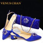 Venus Chan Royal Blue Sandals for Women 2024 Luxury Wedding Pumps Med Heels Rhinestone Design Party Shoes and Bags Set