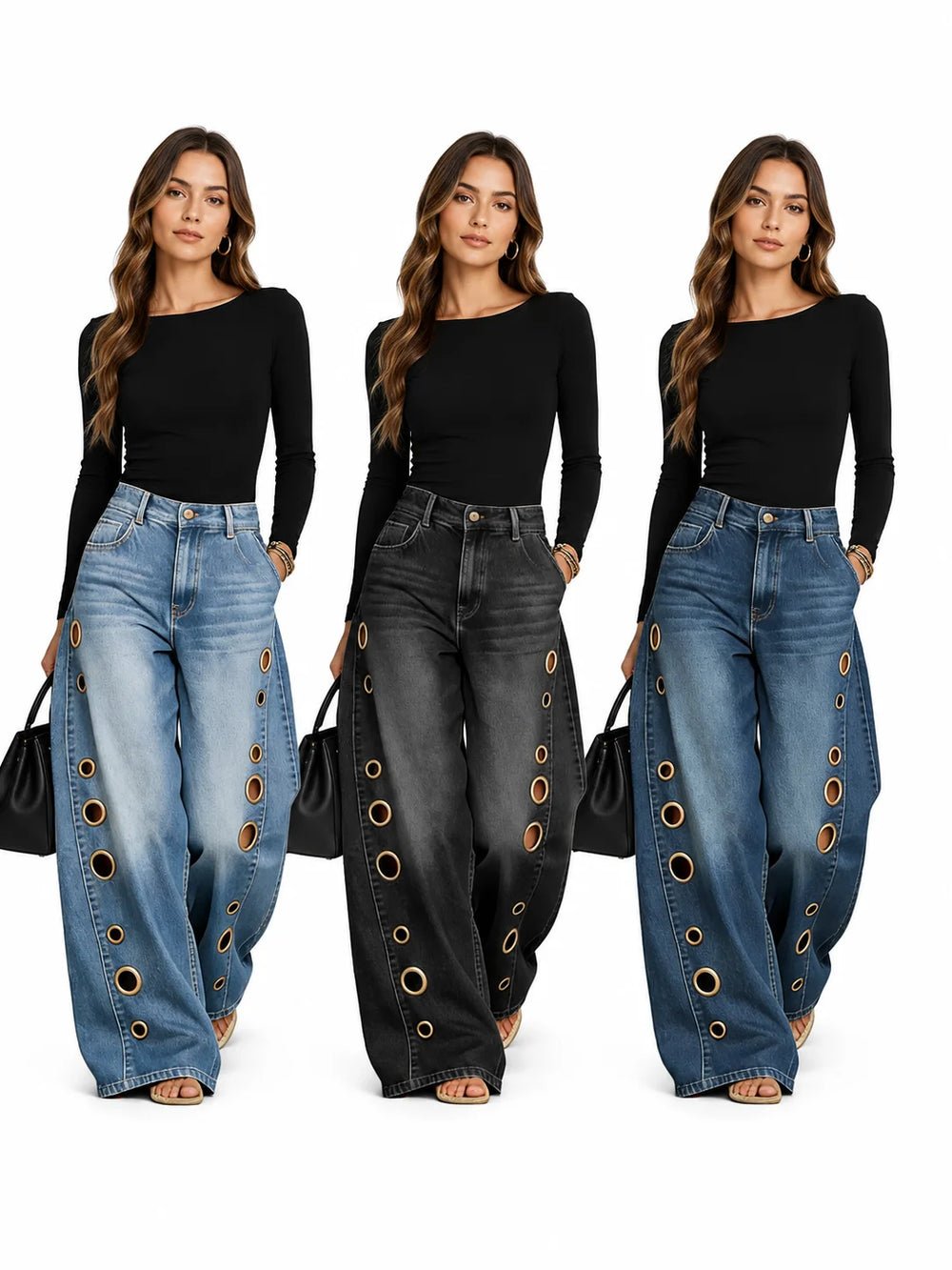 S0f788e6a7ecf462491caa530d697290e6.jpg Women High Waist Wide Leg Jeans, Side Cutout Eyelet Rivet Denim Pants Loose Fit Hollow Out Flared Trousers Streetwear Fashion Baggy Jeans with Pockets - Image 1