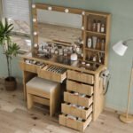 47 Fluted Vanity Desk with Mirror amp LED Lights, 7Drawer Makeup Vanity with Glass Top amp Cabinet, Vanity with Chair amp Charg - Image 3
