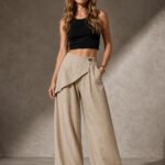 Women Wrap Front Linen Wide Leg Pants, High Waist Elastic Back Waist Culottes with Pockets, Casual Loose Fit Trousers for Summer Beach Daily Streetwear