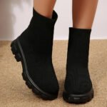 Ankle Boots for Women Comfortable Round Toe Slip On Stretch Soft Chunky Block Heel Knit Platform Boots Punk Dress Sock Boots - Image 6