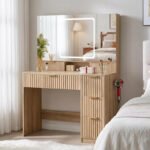 Vanity Desk 3 Way Mirror Lights Makeup Vanity 360 View Mirror 3 Lighting Modes 6 Drawers Storage Cabinet Fluted Wood Vanity Tabl