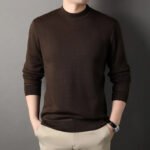 Mens Round Neck Sweater Fleeced Knitwear Solid Color Velvet Jumpers Slim Fit Elegant Luxury Brand Brown Knitted Sweaters - Image 4