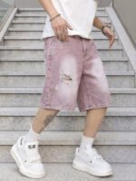 Men Vintage Baggy Distressed Denim Shorts Gradient Wash Ripped Straight High Street Trendy Casual Cargo Summer Jeans Short - Image 3