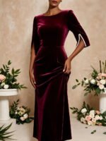 Women Burgundy Velvet Midi Dress Round Neck Pearl Split 3/4 Sleeve Bodycon Pencil Dress Elegant Wedding Guest Evening Party Formal Dresses - Image 3