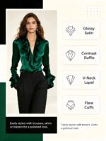 Elegant Satin Blouse for Women Lapel Ruffle Trim V‑Neck Long Flare Sleeve Office Work Shirt - Image 4