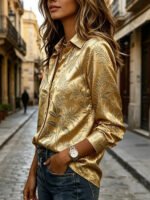 Lady's Golden Shirt with Brocade Leaf Pattern Buttons, Long-Sleeved, Stand-Up Collar Top. Elegant Style, Suitable for Office Parties. - Image 4