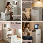 3-in-1 Vanity Desk with LED Mirror & Power Outlet 23.6" Flip-Up Dressing Table with Charging Station 3 Drawers Glass Top for Bedroom - Image 6