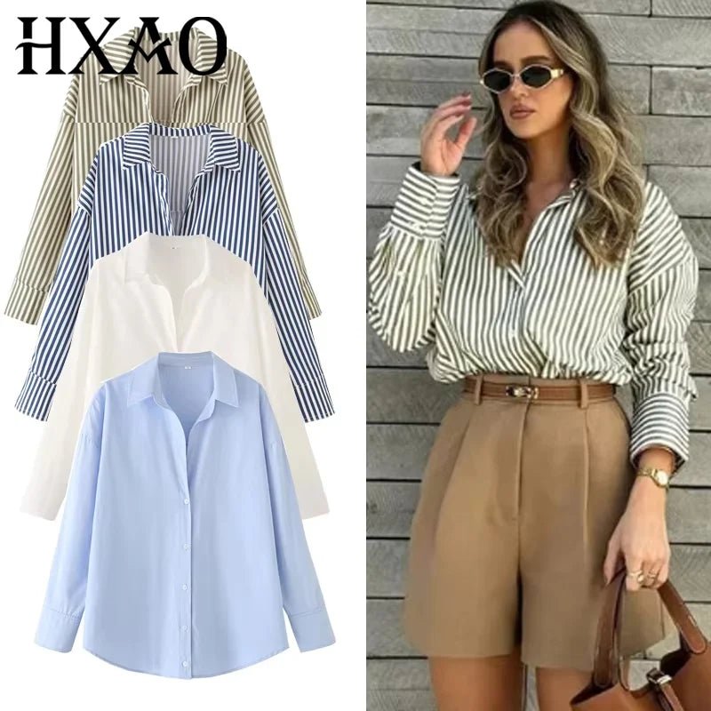 S1d79365bee5448ae8cef46eae7300c0dS.jpg HXAO 2025 Woman Blouses Long Stripe Shirts Women Spring Summer Long Sleeve Blue White Shirt Woman Large Tops Button Up Shirts - Image 1
