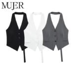 MUJER Off Shoulder Sleeveless Vest Women Black White Cropped Vest Woman Fashion Backless V Neck Short Coats Summer Waistcoat