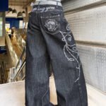 American Retro Heavy-Duty Letter Flower Embroidery Women's Loose Wide-Leg Jeans Street Fashion Fashion Versatile Black Trousers