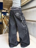 American Retro Heavy-Duty Letter Flower Embroidery Women's Loose Wide-Leg Jeans Street Fashion Fashion Versatile Black Trousers
