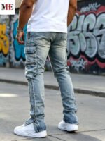 HME Men's Flared Denim Pants, Light Blue Vintage Jeans with Rips & Zipper Hem for Casual Style - Image 4