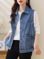Faionable Embroidered Letter Denim Vest Women's Spring Summer New Sle Svel oulder Pad Thin Outerwear Collar ... - Image 5