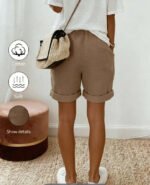 Women's Summer Vintage Modest Linen Casual Drawstring Rolled Hem Shorts,Elastic Waist Textured Fabric Khaki Loose Trousers For Vacation - Image 5
